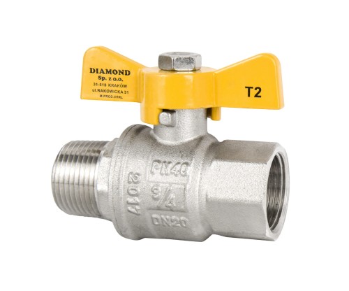 Zawór kulowy motylek GZ, GW 20x3/4" do instalacji gazowych DIAMOND GAZ
