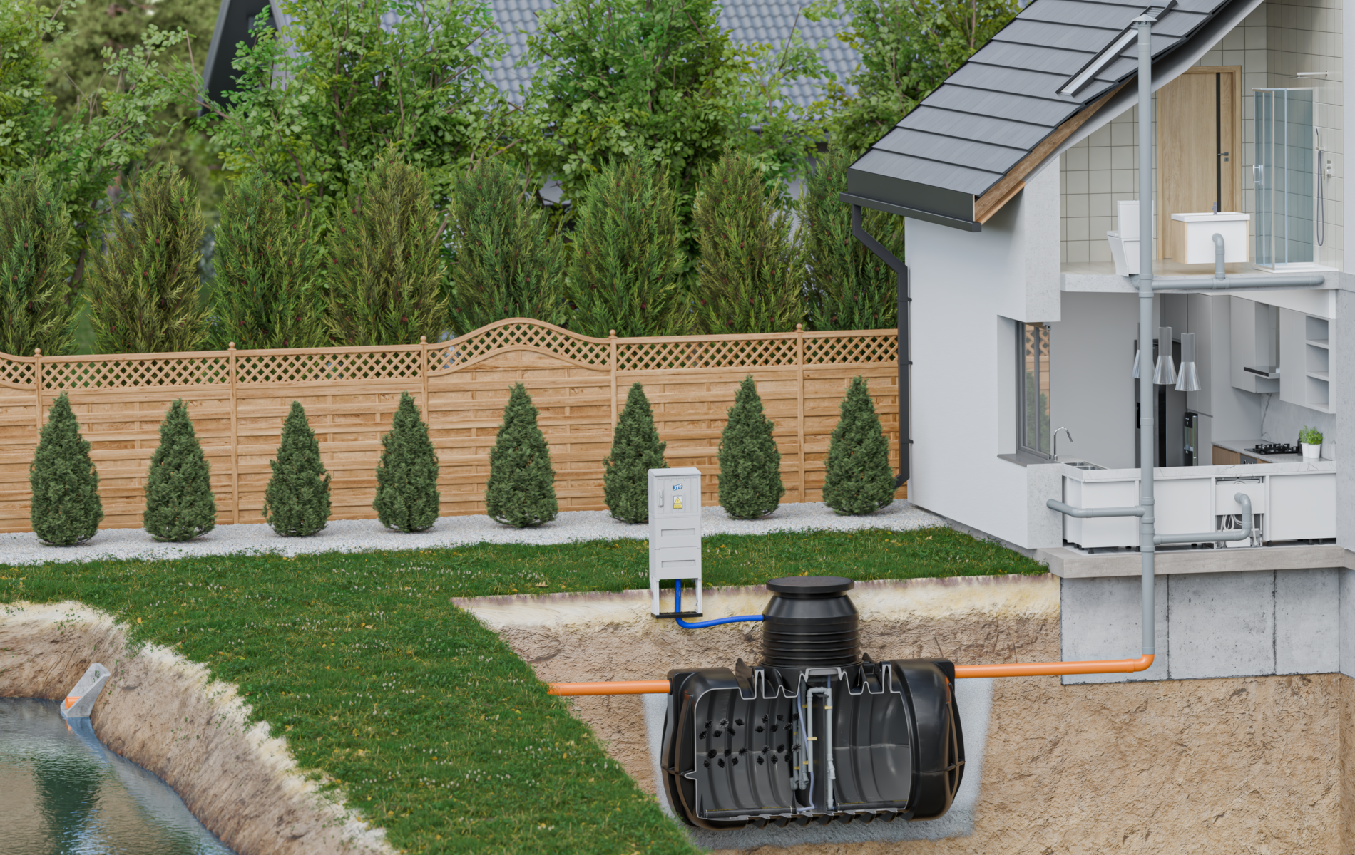 Montaż biologicznej oczyszczalni JFC AquaClean Plus 6 – odprowadzanie oczyszczonych ścieków do cieku wodnego.