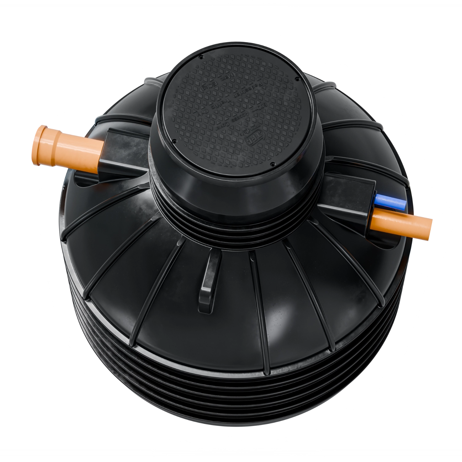 Widok z góry na oczyszczalnię AquaClean Plus 4 – pokrywa i rozmieszczenie króćców.