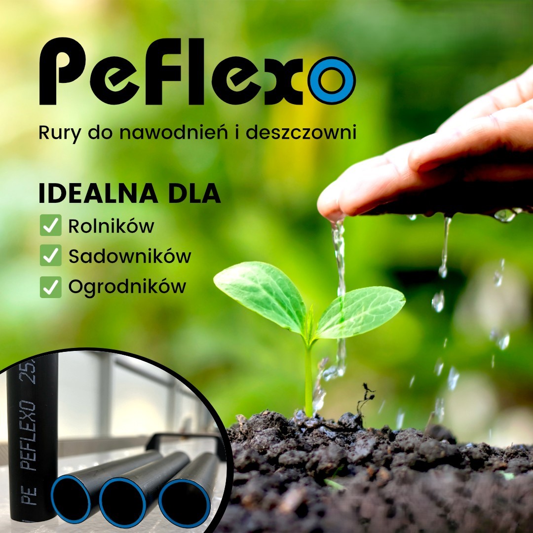 Rura HDPE PeFlexo 32x2,0 PN10 do nawadniania – elastyczna, odporna na UV i uszkodzenia mechaniczne. Zwój 100 m, idealny do systemów nawadniających w rolnictwie, sadownictwie i ogrodnictwie. Certyfikowana jakość i trwałość.