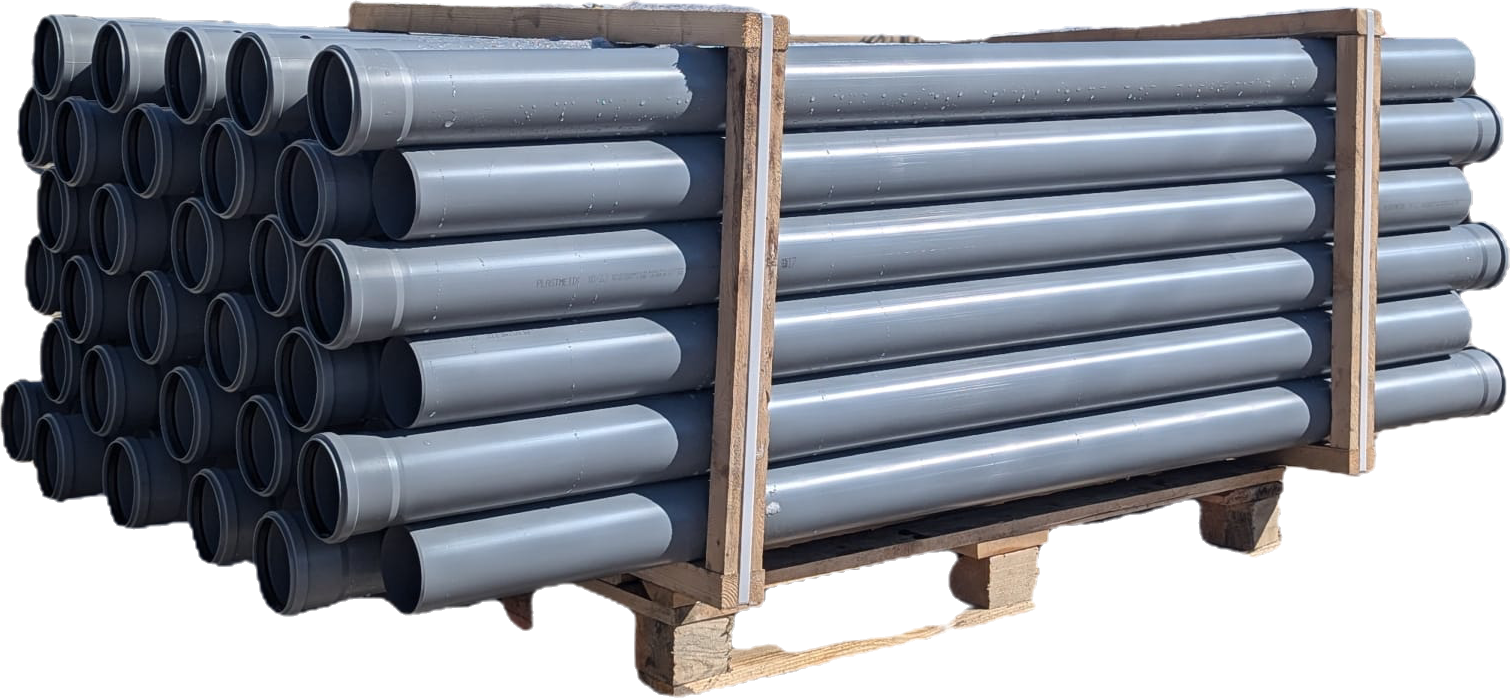 Paleta rur kanalizacyjnych PVC-U 110 mm, długość 2 m – do instalacji wewnętrznej, łączna długość 120 m.