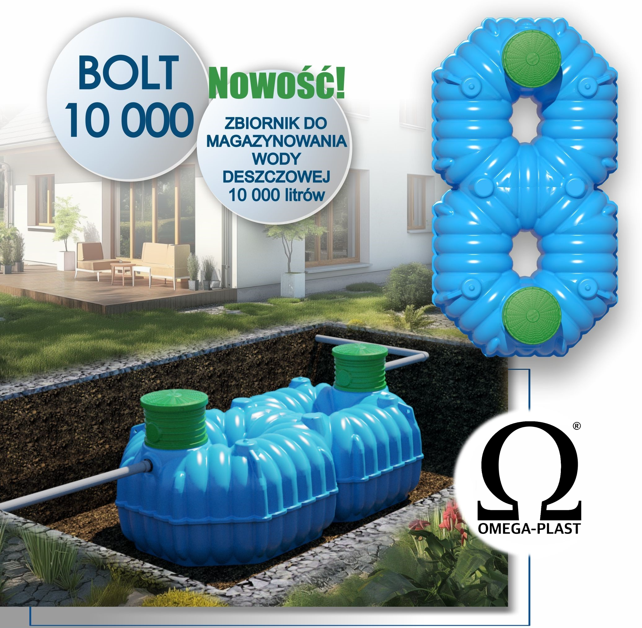Zbiornik na deszczówkę 10000L BOLT Marseplast OMEGA – podziemny zbiornik z filtrem do gromadzenia wody deszczowej, odporny na warunki gruntowe.
