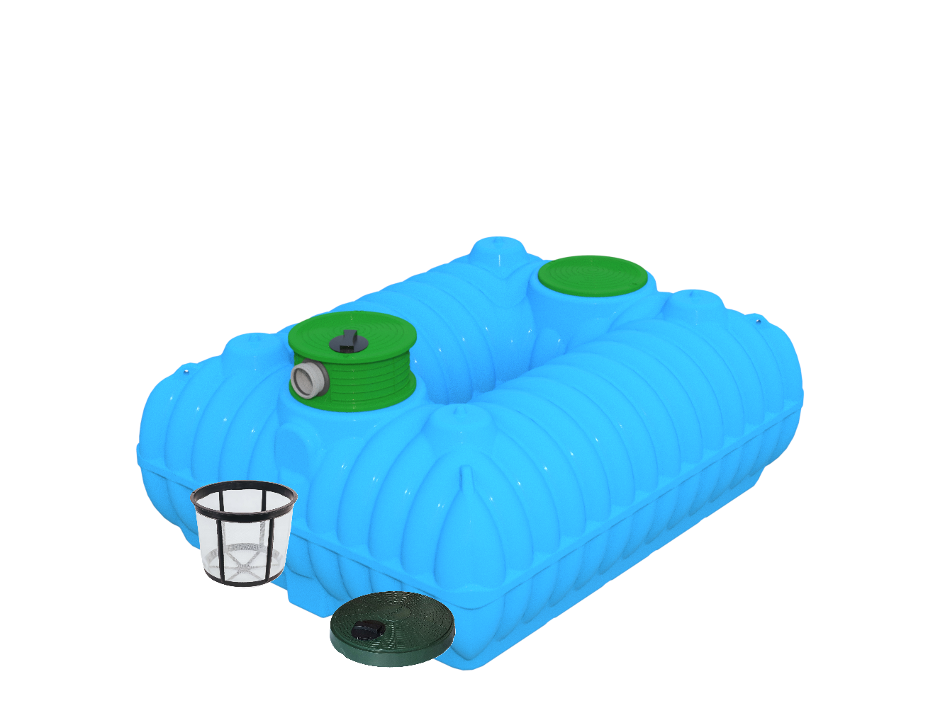 Płaski zbiornik na deszczówkę 3000L BOLT Marseplast z pokrywą deszczową i filtrem koszowym.